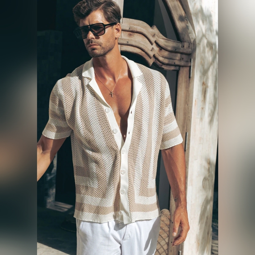 Men's Casual Short-Sleeve Knit Button-Down Shirt - Beige & White